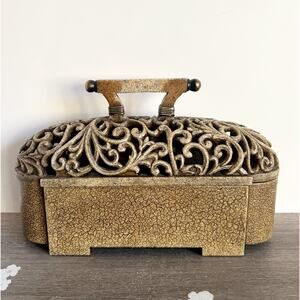 UTTERMOST 15” Ornated Pierced Lid Oblong Stone Decorative Box w/ Handle EUC